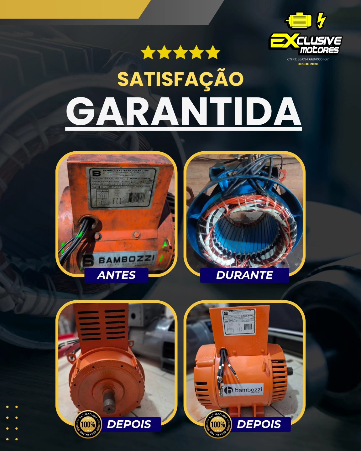 Antes e depois da rebobinagem de um alternador Bambozzi